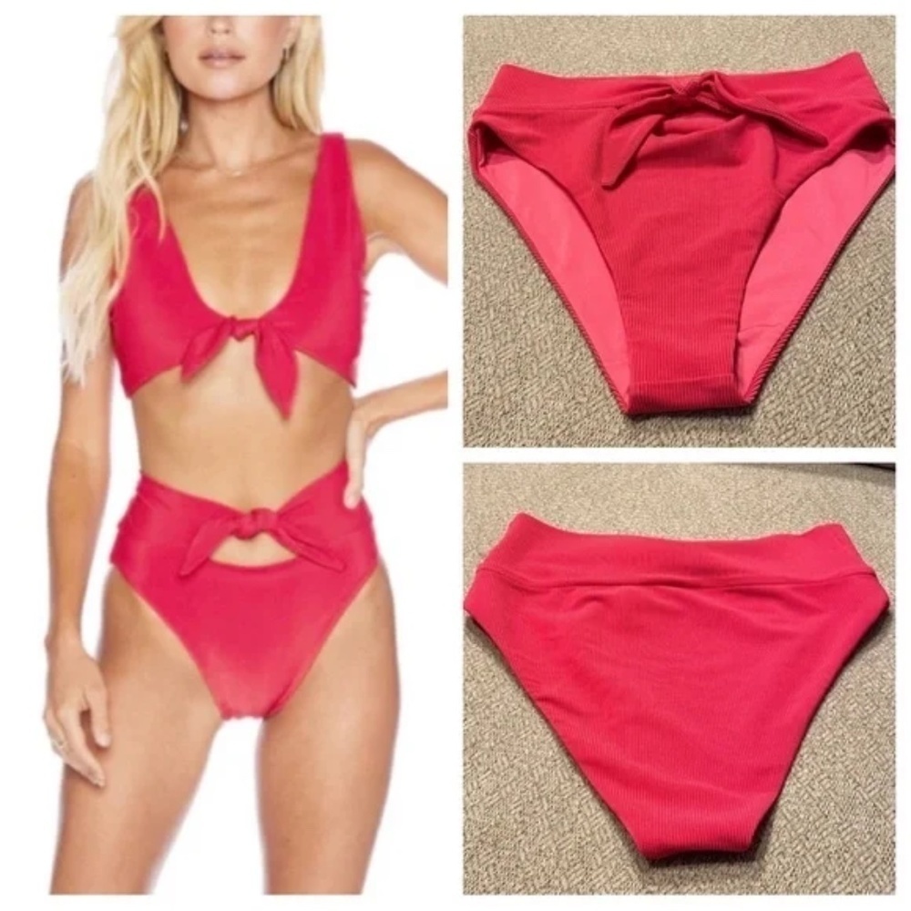 New! Beach Riot Emma cutout bow front bikini bottom pink rib 19598